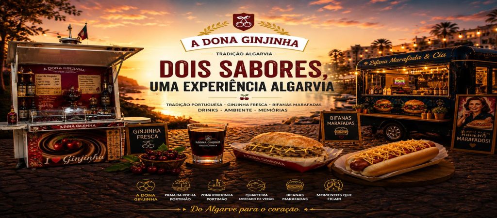 Imagem de capa da Dona Ginjinha e Bifana Marafada & Cia no Algarve, com stands de ginjinha e street food, bifana, hot-dog e pôr do sol em Portimão e Quarteira.